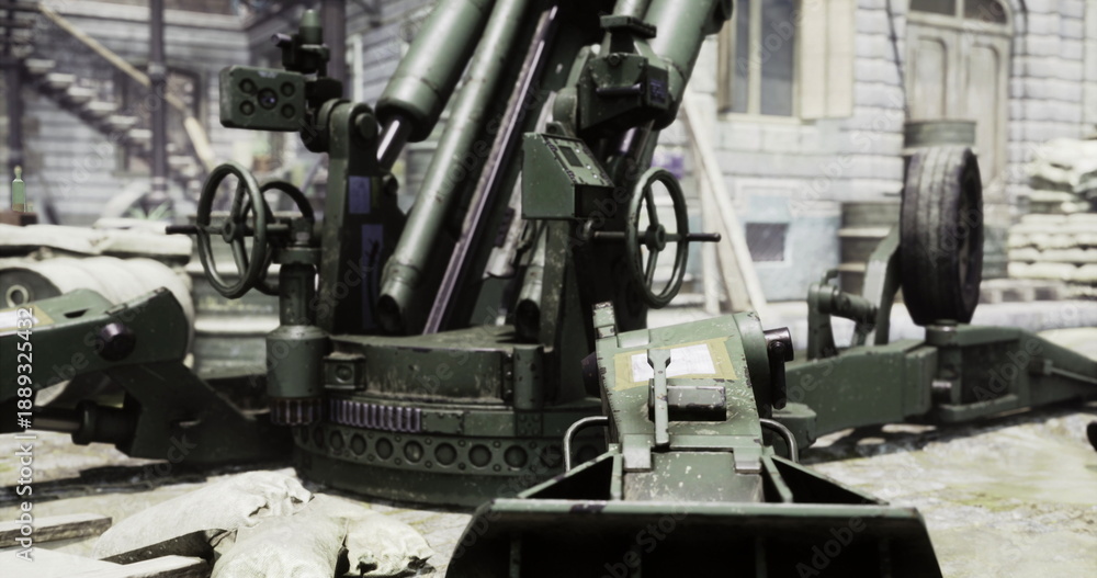 Fototapeta premium Artillery equipment is positioned in a damaged urban area. Dust and debris surround the heavy machinery as it faces a ruined building, indicating ongoing military operations.