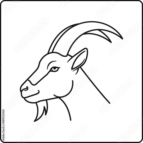 Illustration of a goat head with horns and beard, line art