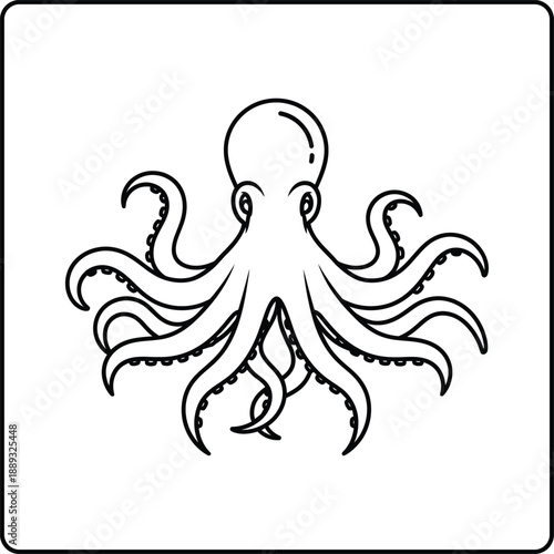 Simple Black and White Line Drawing of an Octopus with Tentacles Spread Out