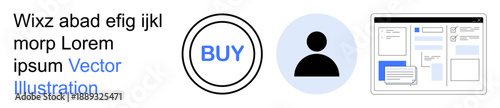 E-commerce, user experience, web development, profile creation, online purchases, digital platforms. Circular buy button, user profile icon and website interface layout. E-commerce and user