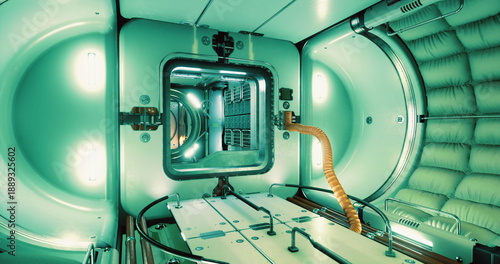 Obraz na płótnie The inside of a space station module is illuminated in green hues
