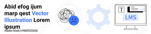 Mental health, education technology, process automation, digital learning, productivity tools, emotional well-being. Confused face with abstract lines, gear and LMS screen. Mental health