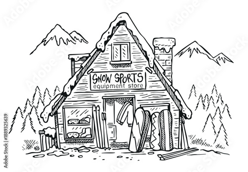 Simple illustration of a snow sports equipment store. Cartoon-style artwork.