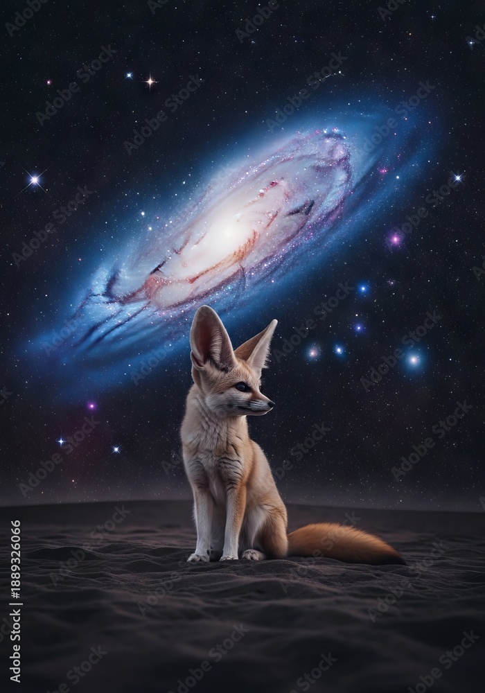 Fototapeta premium A small Fennec fox sits alertly in the dark desert sand, its huge ears catching sounds under a brilliant, expansive galaxy of stars, beautiful, fox, nocturnal