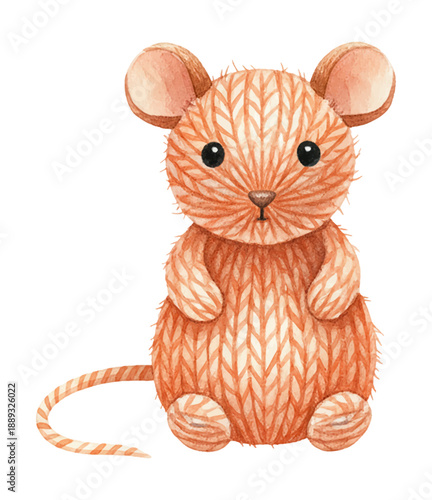 Cute knitted orange mouse sitting still with an innocent expression facing forward a charming watercolor illustration