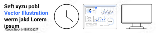 Data analysis, time management, productivity tools, workplace concepts, information processing, office technology. Minimalist icons of a clock, analytics dashboard and computer. Data analysis