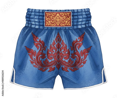 Blue Muay Thai Boxing Shorts with Traditional Thai Patterns and Gold Detail Watercolor Illustration