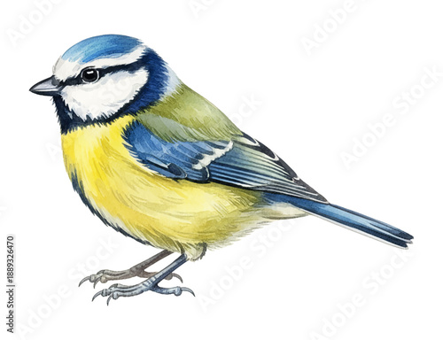 Blue Tit bird standing calmly with vibrant blue yellow green and white feathers in a detailed watercolor illustration