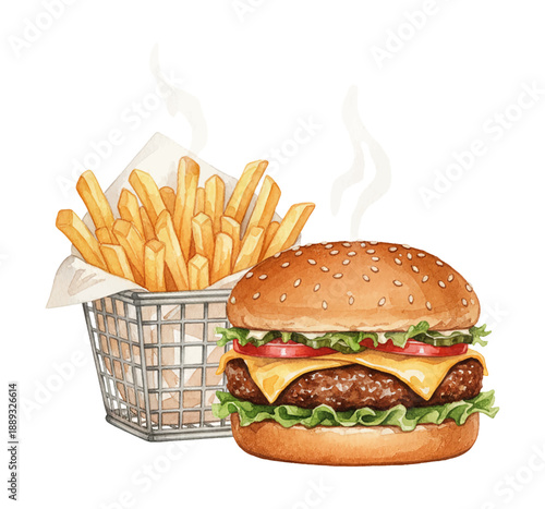 Delicious cheeseburger with fresh lettuce tomato and steaming hot golden french fries