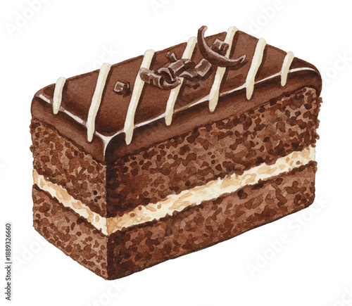 A delectable chocolate cake slice with white icing stripes and chocolate curls on a plate watercolor illustration
