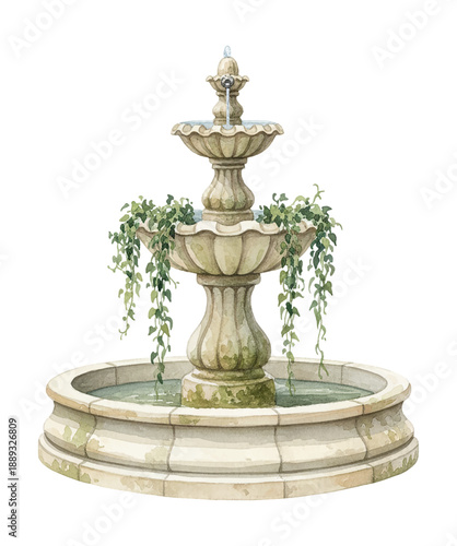 Classic tiered garden fountain with flowing water and green ivy watercolor illustration on white background