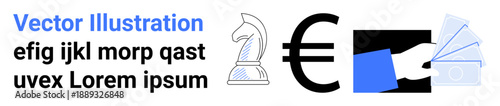 Business strategy, financial concepts, currency exchange, monetary planning, payment systems, wealth management. Chess knight, euro symbol hand with cards. Business strategy and financial concepts