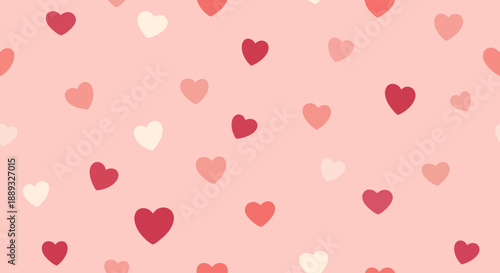 Pink background with scattered red and white hearts of various sizes.