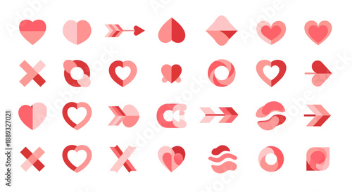 Collection of red and pink heart icons with various designs and symbols.