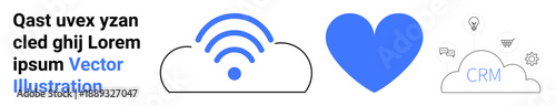 Networking, CRM systems, data sharing, IoT, love for tech, digital solutions. A cloud with wireless, a heart icon and a CRM illustration with tech elements. Networking and CRM systems concept