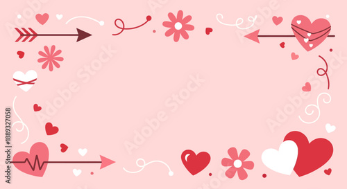 Valentine's Day themed frame with hearts and flowers on pink background.