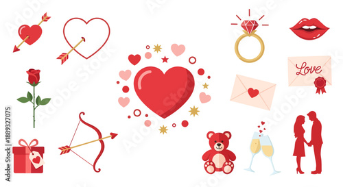 Valentine's Day icons set with heart, rose, and couple.