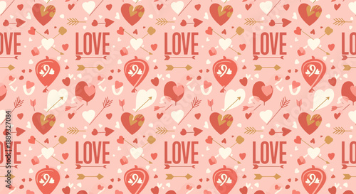 Valentine's Day seamless pattern with hearts and love text.