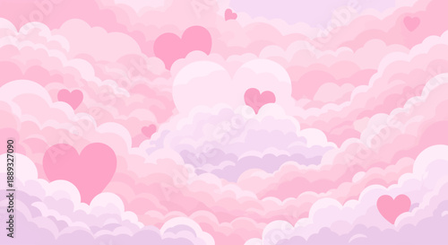 Soft pink clouds with heart shapes floating gently in the sky.