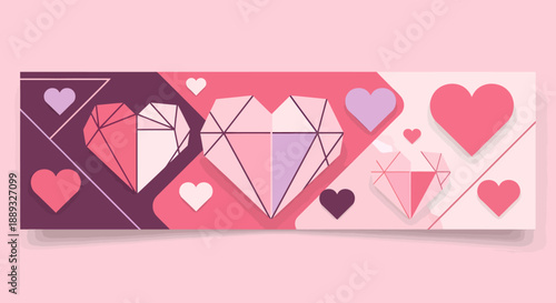 Geometric hearts and diamonds in various pink shades.