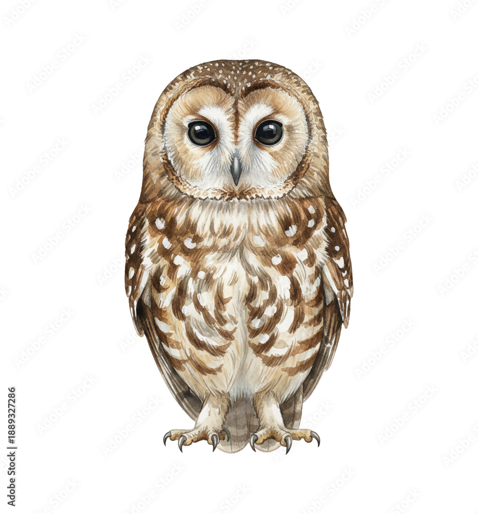 Obraz premium Cute brown and white owl standing alertly looking forward in detailed watercolor illustration style