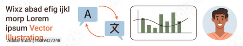 Language learning, translation tools, data analytics, communication, globalization, user education. Exchange of texts between languages, graph with data bars male avatar. Language learning