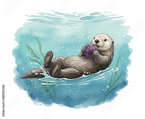 Cute sea otter happily floating on its back eating a spiky purple sea urchin in clear blue water with plants