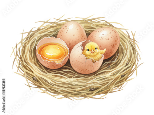Cute yellow chick peeking from a cracked egg in a rustic straw nest with other eggs and yolk