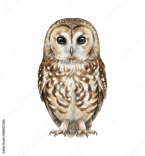 Cute brown and white owl standing alertly looking forward in detailed watercolor illustration style