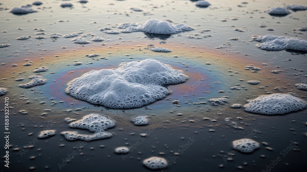 Naklejka premium An abstract view of oil spill iridescent colors and bubbles on the water. A compelling visual representation of environmental pollution, emphasizing the beauty and the impact.