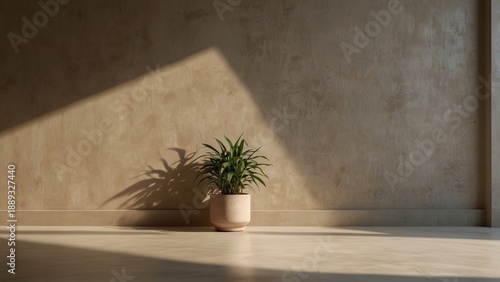Minimalist concrete wall with potted plant and sunlight shadow copy space
