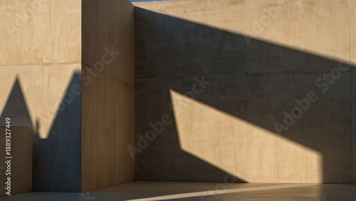 Minimalist concrete interior with geometric sunlight shadows and copy space
