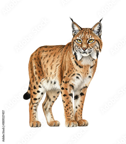 A detailed illustration of a majestic lynx standing attentively with spotted fur and piercing yellow eyes