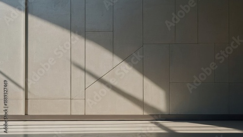 Minimal geometric wall panels with soft sunlight shadows and copy space
