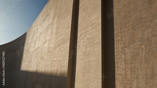 Curved concrete architecture wall with soft sunlight texture and copy space
