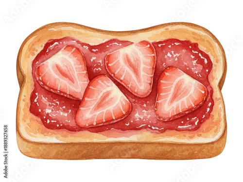 Toast with strawberry jam and fresh sliced strawberries on a white background watercolor illustration
