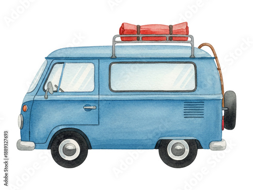 Blue vintage camper van with a red luggage on the roof rack and a spare tire a classic travel vehicle for adventure