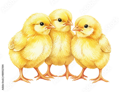 Three adorable fluffy yellow baby chicks standing together looking innocent on a white background