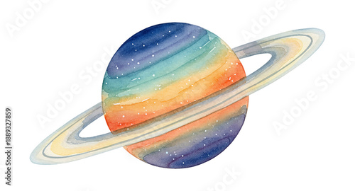 Vibrant Watercolor Saturn Planet with Colorful Rings and Starry Rainbow Gradient Surface Isolated on White Background