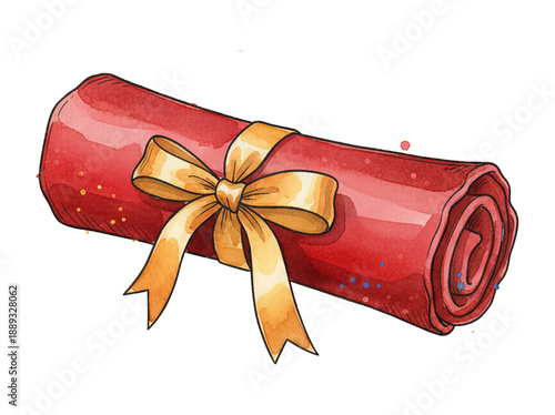Rolled red document tied with a golden bow watercolor illustration with vibrant colorful paint splatters