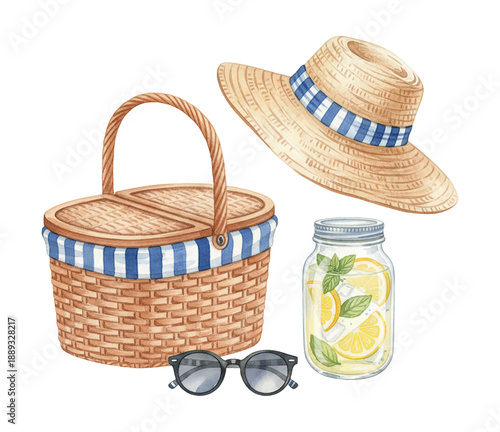 Summer Picnic Essentials Watercolor Illustration Featuring Woven Basket Straw Hat Sunglasses and Refreshing Lemonade Drink