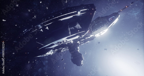 Tableau sur toile Massive cruiser drifting through bright starfield, sleek hull catching starlight