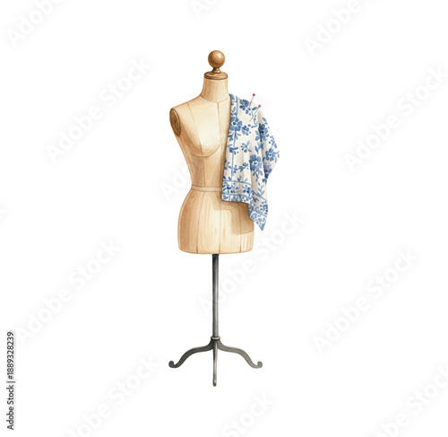 Watercolor illustration of a classic wooden sewing mannequin displaying blue floral fabric with pins ready for tailoring
