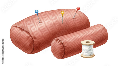Two brown herringbone fabric rolls with colorful sewing pins and a white thread spool for crafting