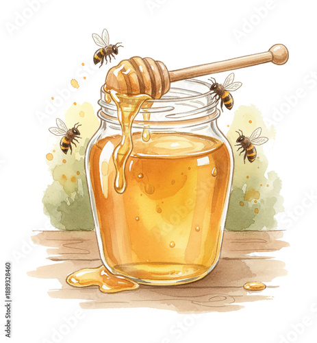 Sweet golden honey dripping from a wooden dipper into a clear glass jar with flying bees in a charming watercolor illustration
