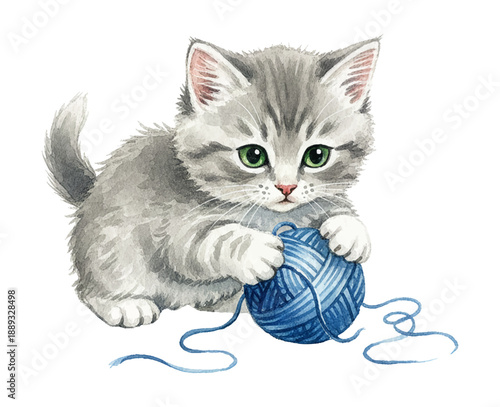 Adorable gray kitten with green eyes playfully interacting with a blue ball of yarn a charming and innocent scene