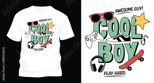 Awesome guy cool boy a playful graphic with skateboard, headphones, and sunglasses