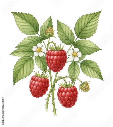 Vibrant red raspberries with green leaves white flowers and buds botanical illustration on white