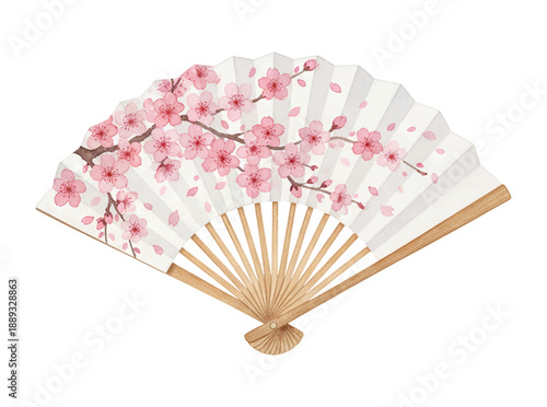 Elegant Japanese Folding Fan Adorned with Pink Sakura Cherry Blossoms in Beautiful Watercolor Style