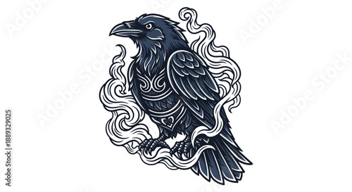 Artistic raven illustration with ornamental details and ethereal cloud elements
